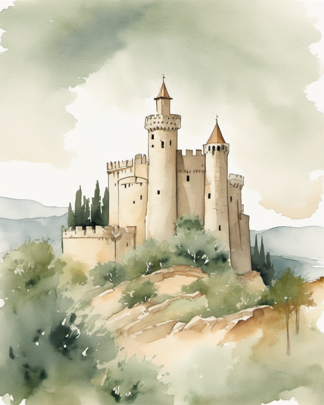 Watercolour of Bellver Castle, Palma de Mallorca