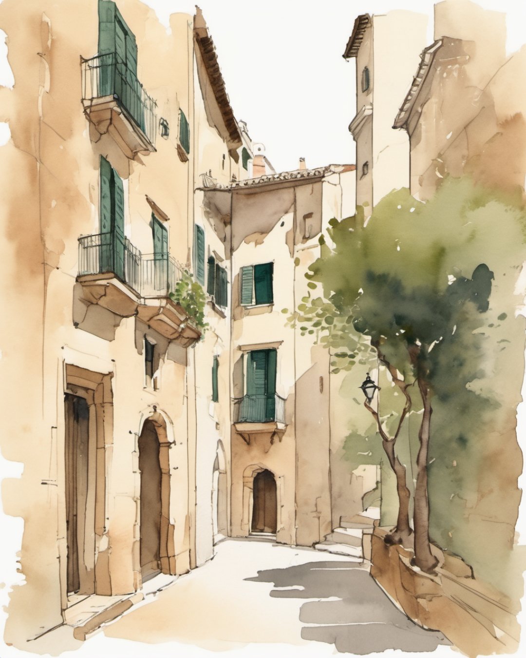 Watercolour of Old Town Lanes, Palma de Mallorca