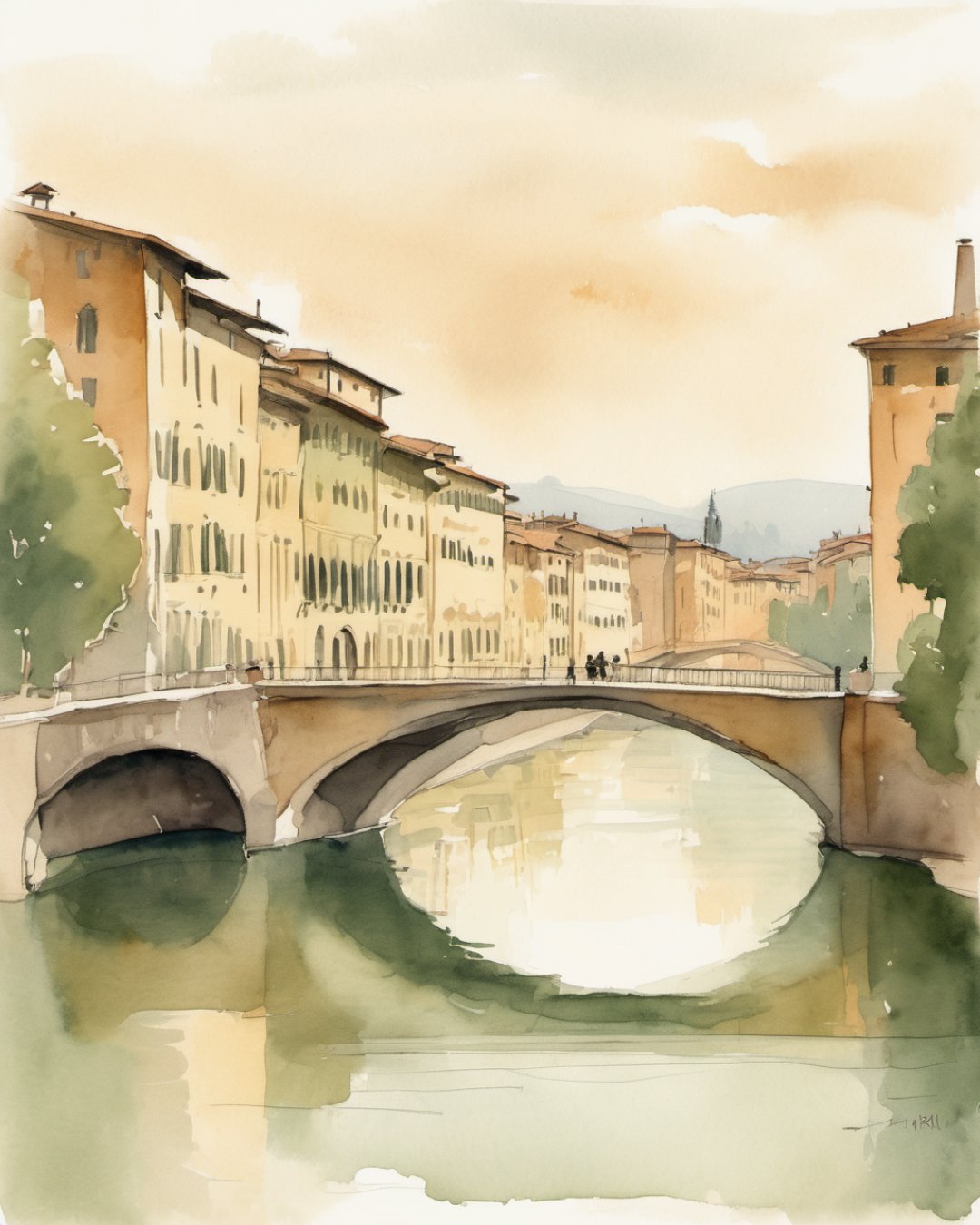 Watercolour of Arno Riverfront, Pisa