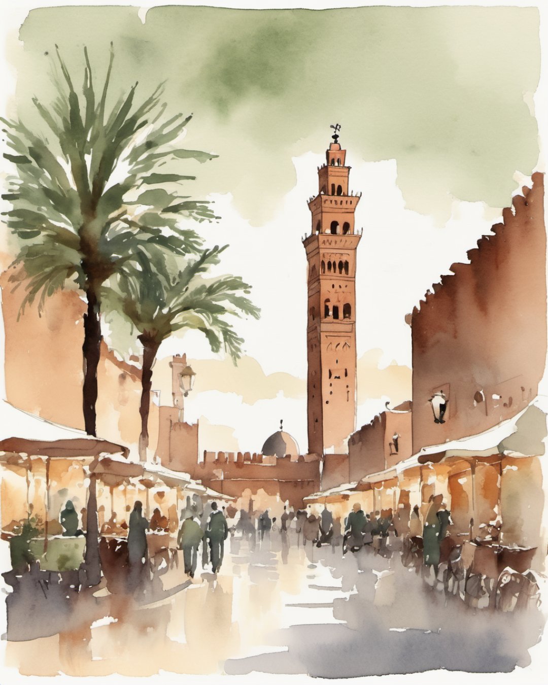 Watercolour of Jemaa el-Fnaa, Marrakech