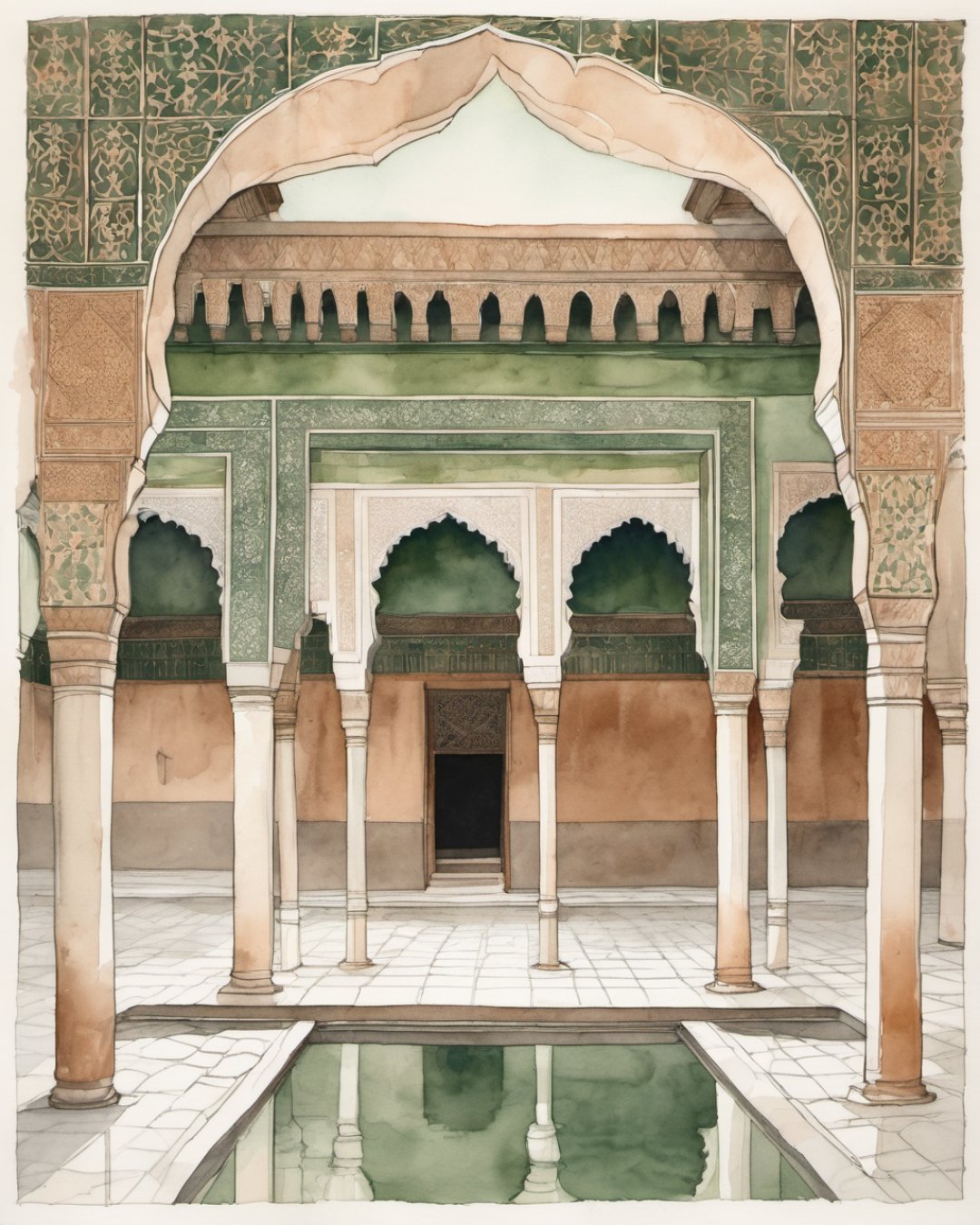 Watercolour of Ben Youssef Madrasa, Marrakech