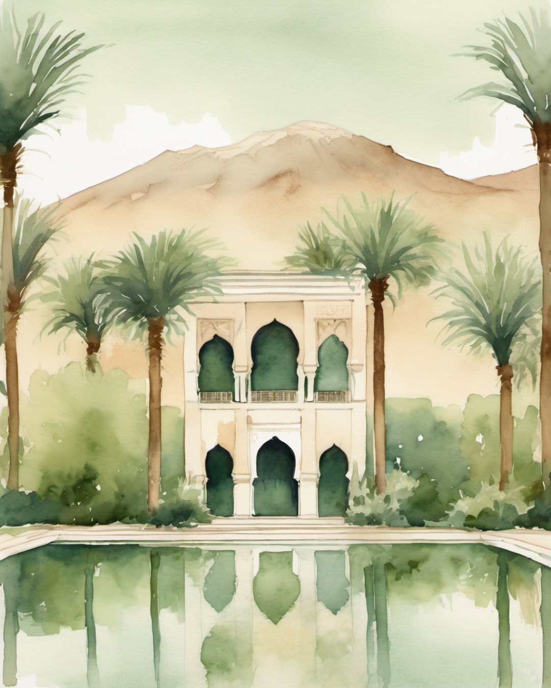 Watercolour of Menara Gardens, Marrakech