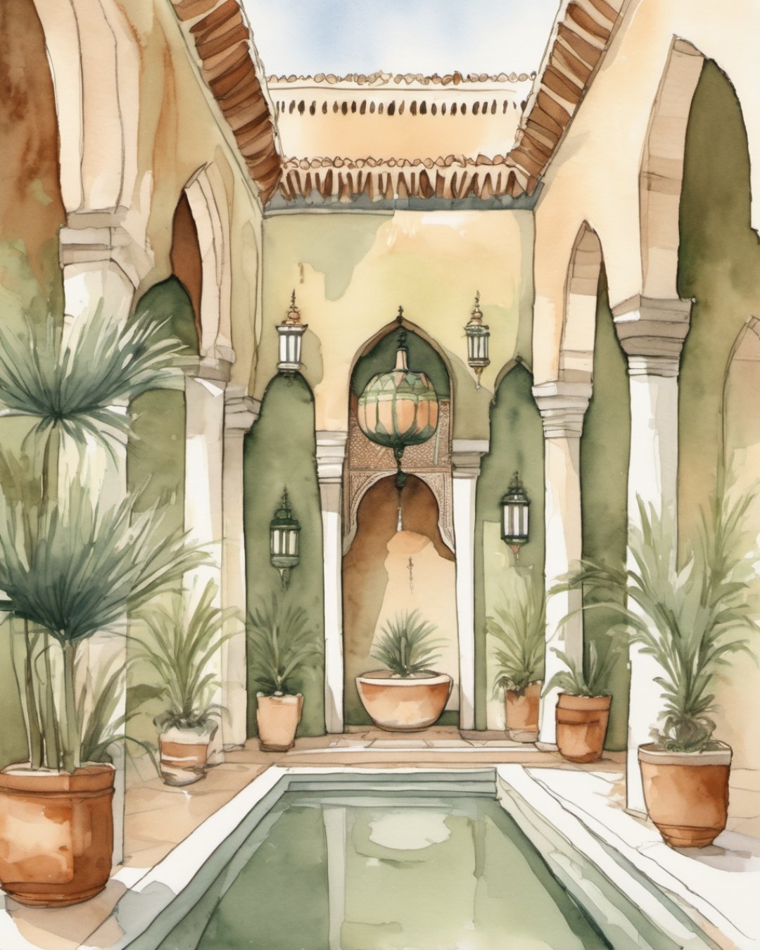 Watercolour of Riad Courtyard, Marrakech