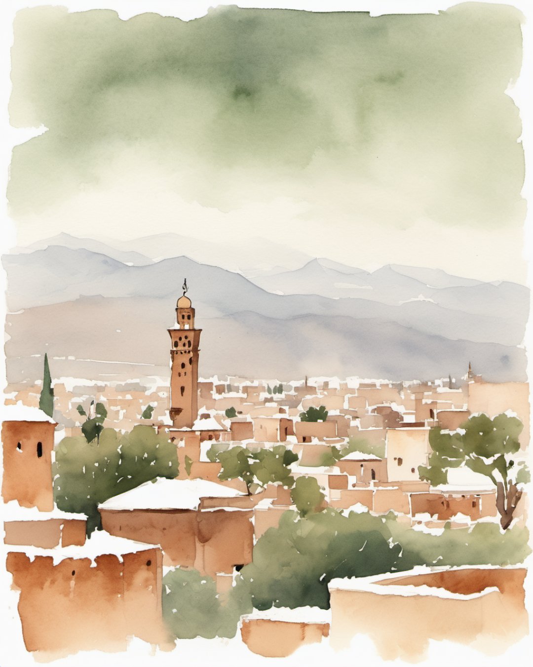 Watercolour of Atlas Backdrop, Marrakech