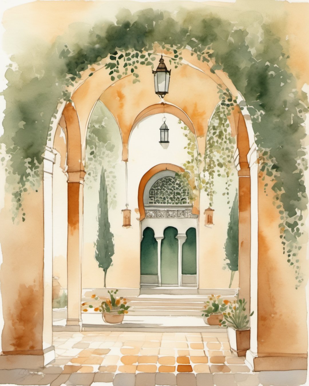 Watercolour of Orange Tree Courtyard, Sevilla