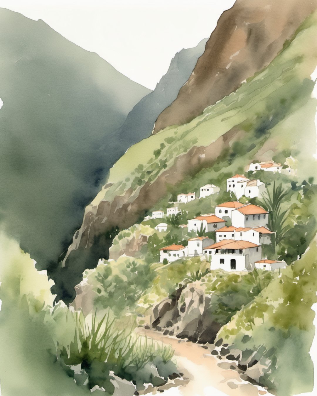 Watercolour of Masca Village, Tenerife