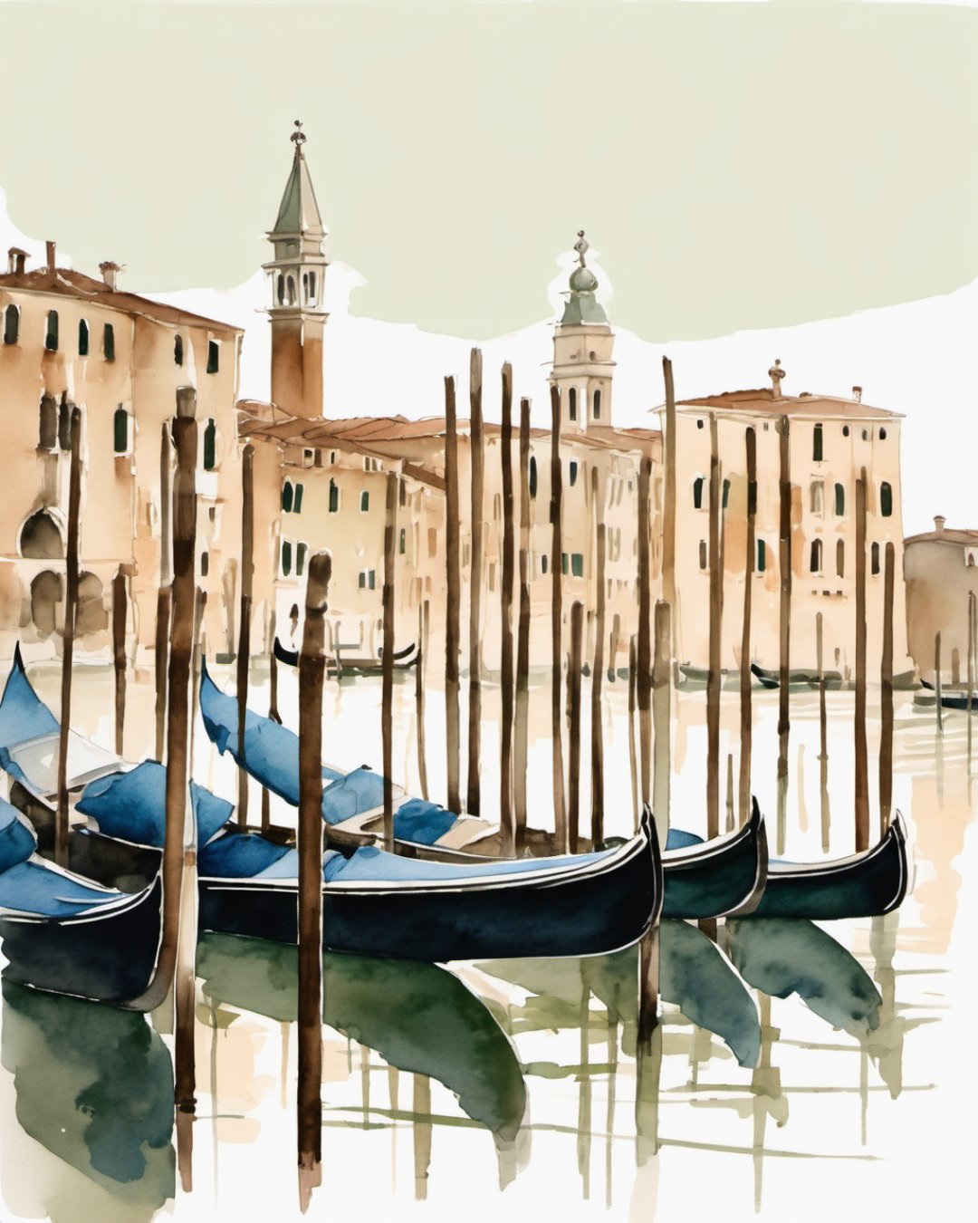 Watercolour of Gondolas, Venice