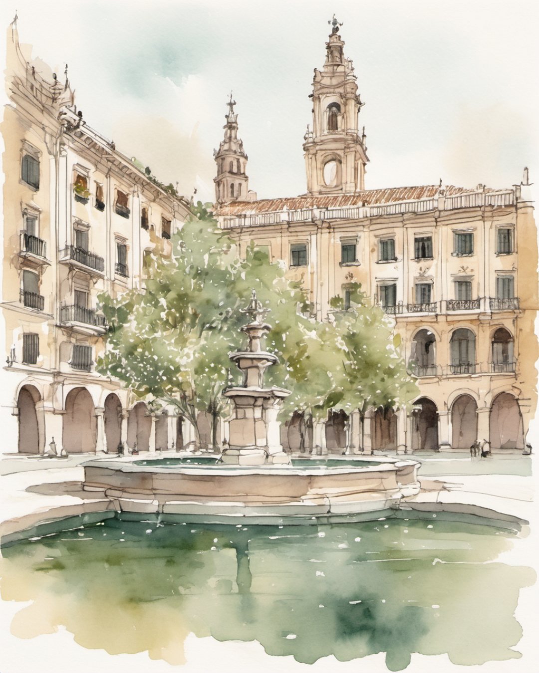 Watercolour of Plaza del Ayuntamiento, Valencia
