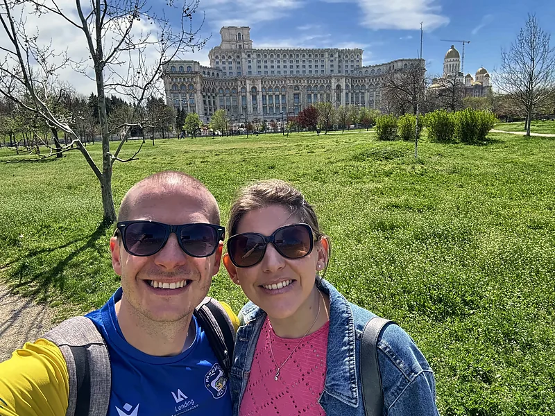 Us in the park below the Palace of the Parliament