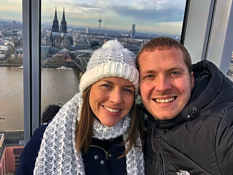 Us above the Rhine with the cathedral behind