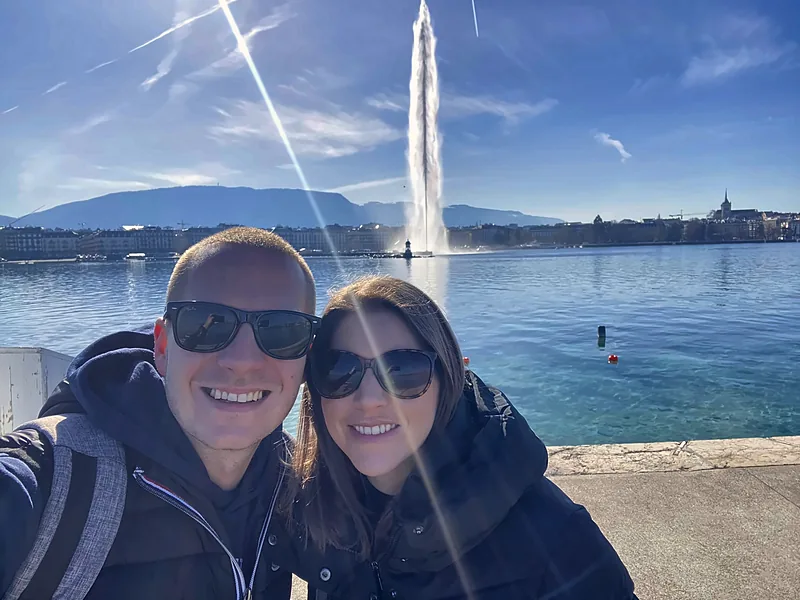 Us by the lake with the Jet d'Eau behind