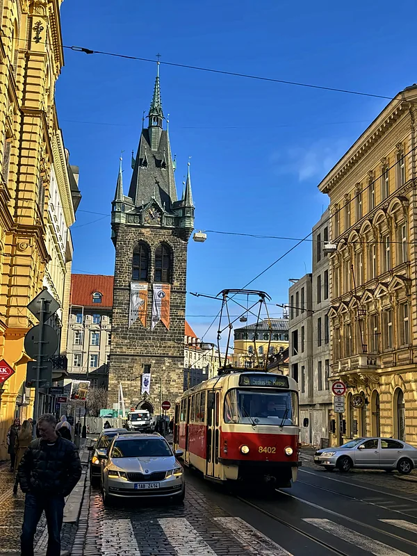 A tram below the Jindrisska Tower