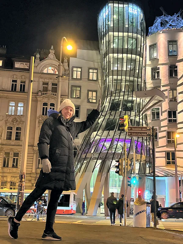 Outside the Dancing House at night